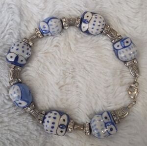9" Vintage Ceramic Bead Bracelet White & Cobalt Blue Delft Style Owls